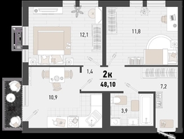 Продается 2-комнатная квартира ЖК Барса, 2В литер, 48.1  м², 13520429 рублей