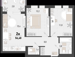 Продается 2-комнатная квартира ЖК Барса, 4В литер, 56.4  м², 15756186 рублей