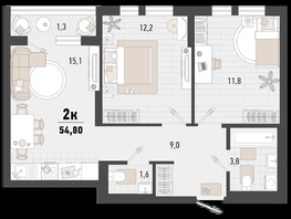 Продается 2-комнатная квартира ЖК Барса, 3В литер, 54.8  м², 14708320 рублей