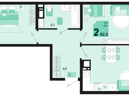 Продается 2-комнатная квартира ЖК Первое место, квартал 1.1, литер 2, 62.3  м², 7974400 рублей