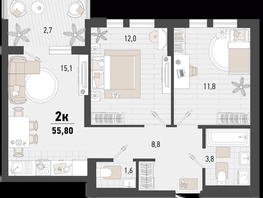 Продается 2-комнатная квартира ЖК Барса, 4В литер, 55.8  м², 13788180 рублей