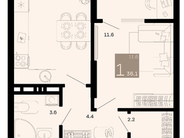 Продается 1-комнатная квартира ЖК Хозяин морей, литер 1, 36.1  м², 10284890 рублей