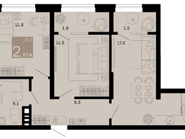 Продается 2-комнатная квартира ЖК Хозяин морей, литер 1, 57.4  м², 17392200 рублей