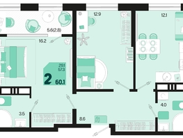 Продается 2-комнатная квартира ЖК Первое место, квартал 1.4, литер 2, 60.1  м², 9616000 рублей