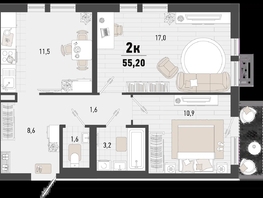 Продается 2-комнатная квартира ЖК Барса, 2В литер, 55.2  м², 13474320 рублей