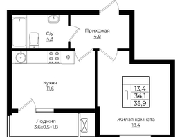 Продается 1-комнатная квартира ЖК Клубный квартал Европа 6, литера 7, 35.9  м², 7262570 рублей