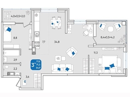 Продается 3-комнатная квартира МКР Любимово, 16 квартал литер 2, 77.8  м², 7391000 рублей