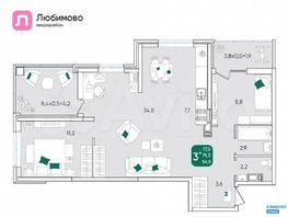 Продается 3-комнатная квартира МКР Любимово, 9 квартал литер 1, 77  м², 7315000 рублей