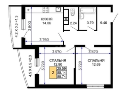 Продается 2-комнатная квартира ЖК Лучший, литер 1, 58  м², 5650000 рублей