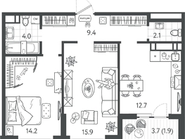 Продается 2-комнатная квартира ЖК Все Свои VIP, литера 4, 59.2  м², 14385600 рублей