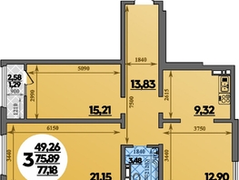 Продается 3-комнатная квартира ЖК Молодежный 2, литера 12, 77.18  м², 8475700 рублей