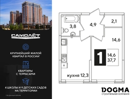 Продается 1-комнатная квартира ЖК Самолет, литера 59, 37.7 м², 6288361 рублей