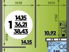 Продается 1-комнатная квартира ЖК Восточный, литера 37, 38.43  м², 5346999 рублей