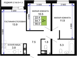 Продается 2-комнатная квартира ЖК Дыхание, литер 27, 56 м², 7000000 рублей