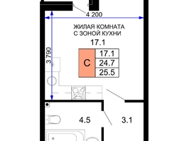 Продается 1-комнатная квартира ЖК Дыхание, литер 30, 25.5 м², 3774000 рублей