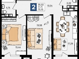 Продается 2-комнатная квартира ЖК Резиденция морей, корпус Е, 75.1 м², 17648500 рублей