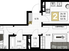 Продается 2-комнатная квартира ЖК На Высоком берегу, 53.15  м², 14084750 рублей