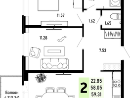 Продается 2-комнатная квартира ЖК Усадьба Гостагаевская, корпус 4, 59.31 м², 12158550 рублей