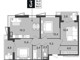 Продается 3-комнатная квартира ЖК Парк Победы 2, литера 28, 84.9  м², 12709530 рублей
