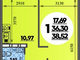Продается 1-комнатная квартира ЖК Восточный, литера 37, 38.52 м², 5285000 рублей