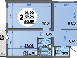 Продается 2-комнатная квартира ЖК Город у моря, литера 19, 60.89  м², 9803290 рублей