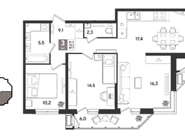 Продается 3-комнатная квартира ЖК Рекорд 2, литера 4, 87.7  м&sup2;, 17469840 рублей