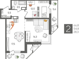 Продается 2-комнатная квартира ЖК Рекорд 2, литера 4, 66.8  м², 14134880 рублей