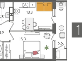 Продается 1-комнатная квартира ЖК Рекорд 2, литера 4, 44.6  м², 9553320 рублей