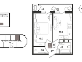 Продается 1-комнатная квартира ЖК Рекорд 2, литера 4, 44.6  м&sup2;, 11823460 рублей