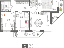 Продается 3-комнатная квартира ЖК Рекорд 2, литера 5, 88  м&sup2;, 16834400 рублей