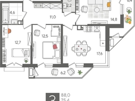 Продается 3-комнатная квартира ЖК Рекорд 2, литера 5, 88  м&sup2;, 17406400 рублей