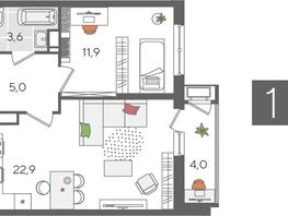 Продается 1-комнатная квартира ЖК Рекорд 2, литера 5, 47.4  м², 9593760 рублей