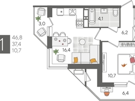 Продается 1-комнатная квартира ЖК Рекорд 2, литера 5, 46.8  м², 9898200 рублей