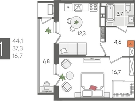 Продается 1-комнатная квартира ЖК Рекорд 2, литера 5, 44.1  м², 9909270 рублей