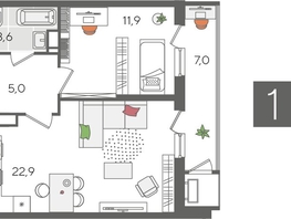 Продается 1-комнатная квартира ЖК Рекорд 2, литера 5, 50.4  м², 10493280 рублей