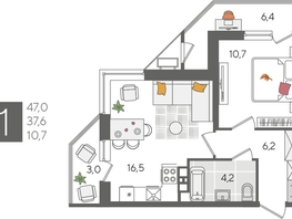 Продается 1-комнатная квартира ЖК Рекорд 2, литера 5, 47  м², 9470500 рублей