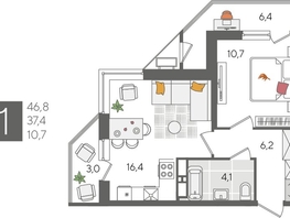 Продается 1-комнатная квартира ЖК Рекорд 2, литера 5, 46.8  м², 9477000 рублей