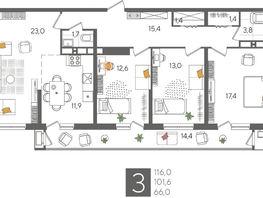 Продается 3-комнатная квартира ЖК Рекорд 2, литера 5, 116  м², 20845200 рублей
