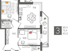 Продается 3-комнатная квартира ЖК Рекорд 2, литера 6, 88  м², 17186400 рублей