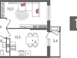 Продается 1-комнатная квартира ЖК Рекорд 2, литера 6, 41.4  м², 9087300 рублей