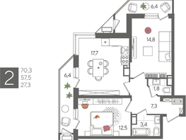 Продается 2-комнатная квартира ЖК Рекорд 2, литера 6, 70.3  м², 14109210 рублей