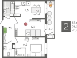 Продается 2-комнатная квартира ЖК Рекорд 2, литера 6, 58.6  м², 12007140 рублей