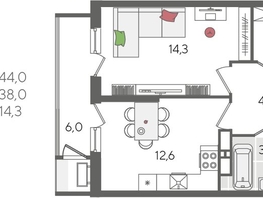 Продается 1-комнатная квартира ЖК Рекорд 2, литера 6, 44  м², 9790000 рублей