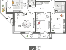 Продается 3-комнатная квартира ЖК Рекорд 2, литера 6, 88  м², 16860800 рублей