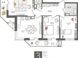 Продается 3-комнатная квартира ЖК Рекорд 2, литера 6, 87.7  м², 17040110 рублей