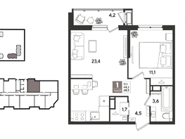 Продается 1-комнатная квартира ЖК Рекорд 2, литера 6, 48.5  м&sup2;, 11349000 рублей