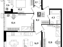 Продается 3-комнатная квартира ЖК DOGMA PARK (Догма парк), литера 19, 69.3  м², 9812880 рублей