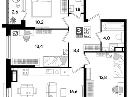 Продается 3-комнатная квартира ЖК DOGMA PARK (Догма парк), литера 19, 68.4  м², 9952200 рублей