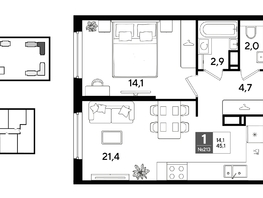 Продается 1-комнатная квартира ЖК ДОГМА ПАРК, литера 22, 45.1  м&sup2;, 8478800 рублей