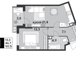 Продается 1-комнатная квартира ЖК Парк Победы 2, литера 19, 50.5  м&sup2;, 8837500 рублей